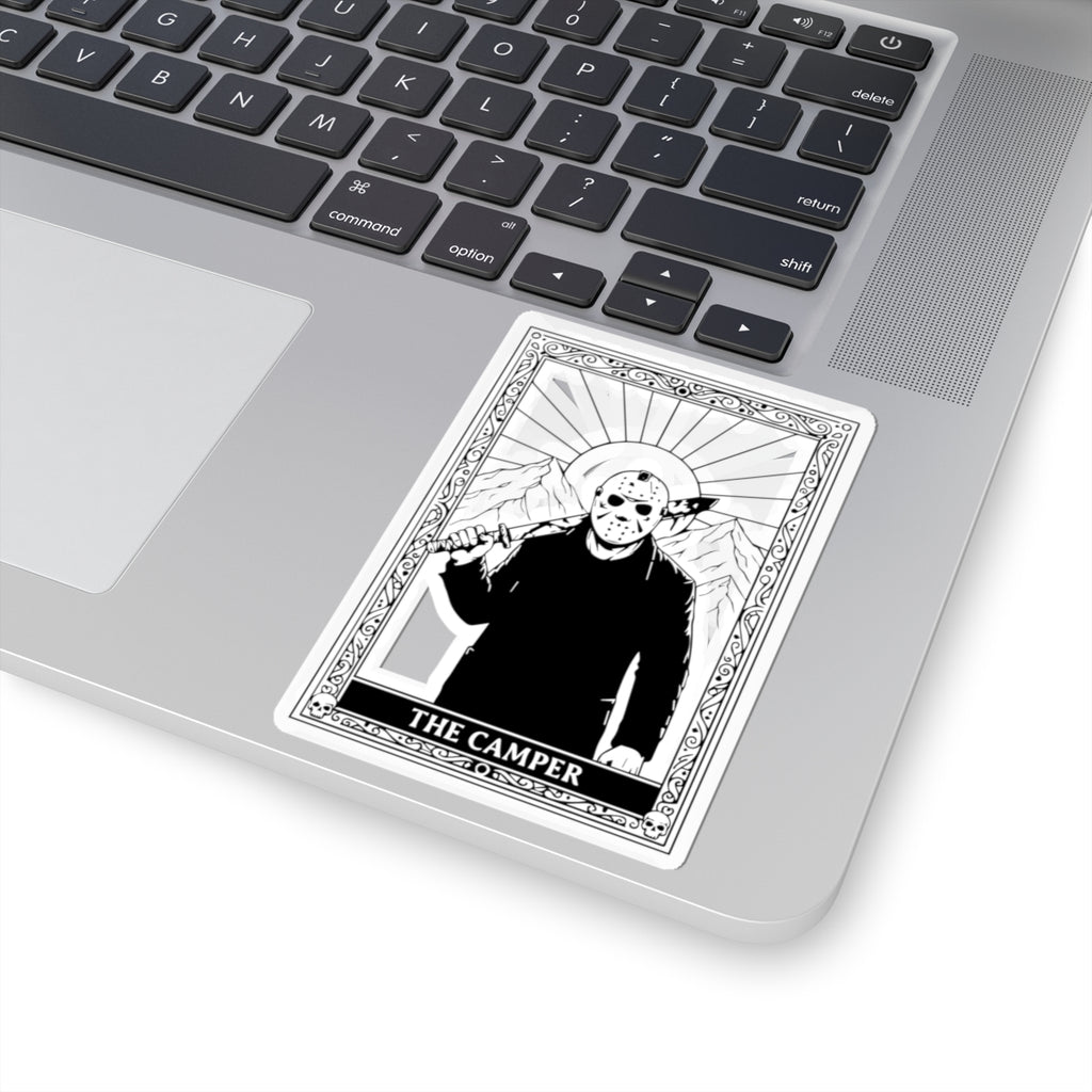 Horror Camper Kiss-Cut Sticker — Jason-Style Camping Tarot Design