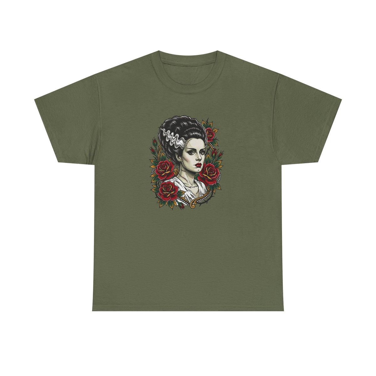 Bride of Frankenstein Tee — Gothic Portrait with Red Roses