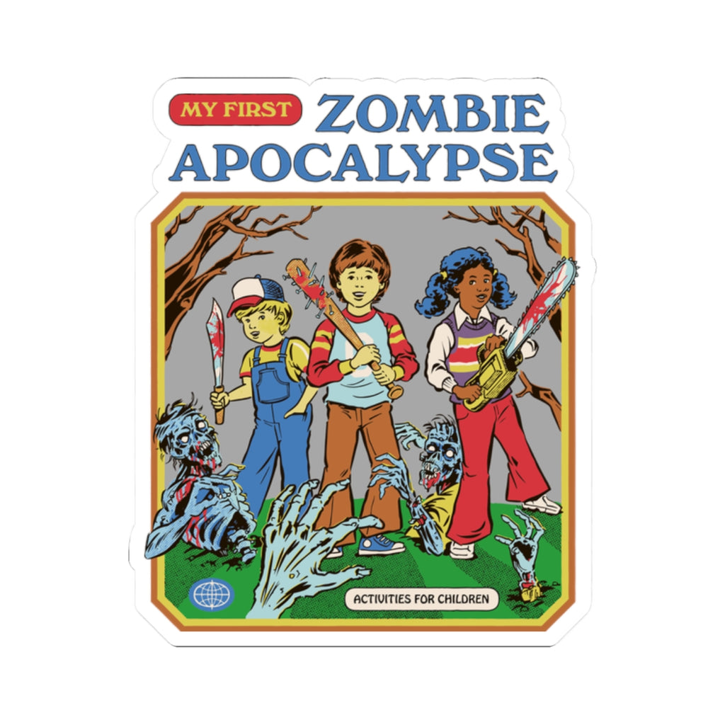 Kiss-Cut StickersProduct Type: StickerTitle: “My First Zombie Apocalypse” Kiss-Cut Sticker — Retro Kids’ Horror Book Cover Design