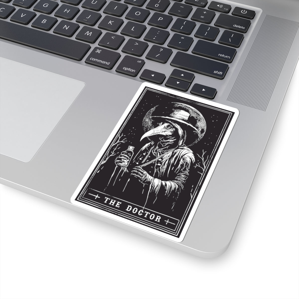 Plague Doctor Tarot-Style Kiss-Cut Sticker — Gothic Vintage Illustration
