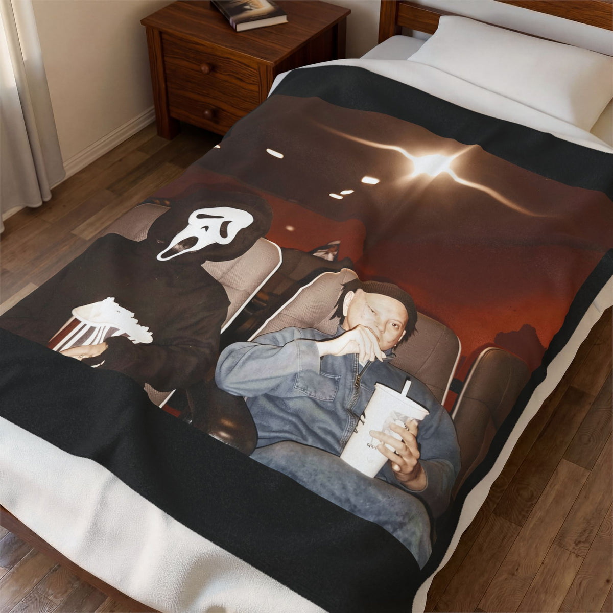 Horror Movie Night Velveteen Plush Blanket – Scream Mask Popcorn Design