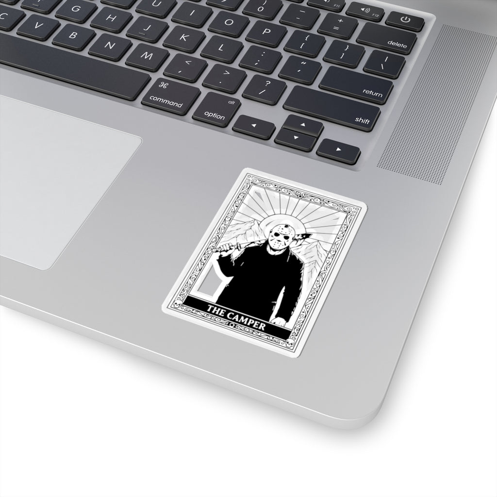 Horror Camper Kiss-Cut Sticker — Jason-Style Camping Tarot Design