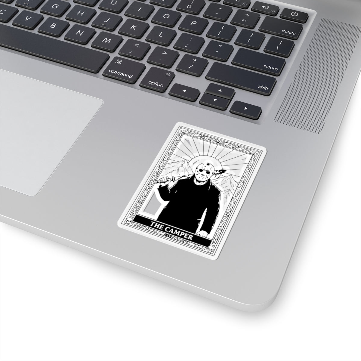 Horror Camper Kiss-Cut Sticker — Jason-Style Camping Tarot Design