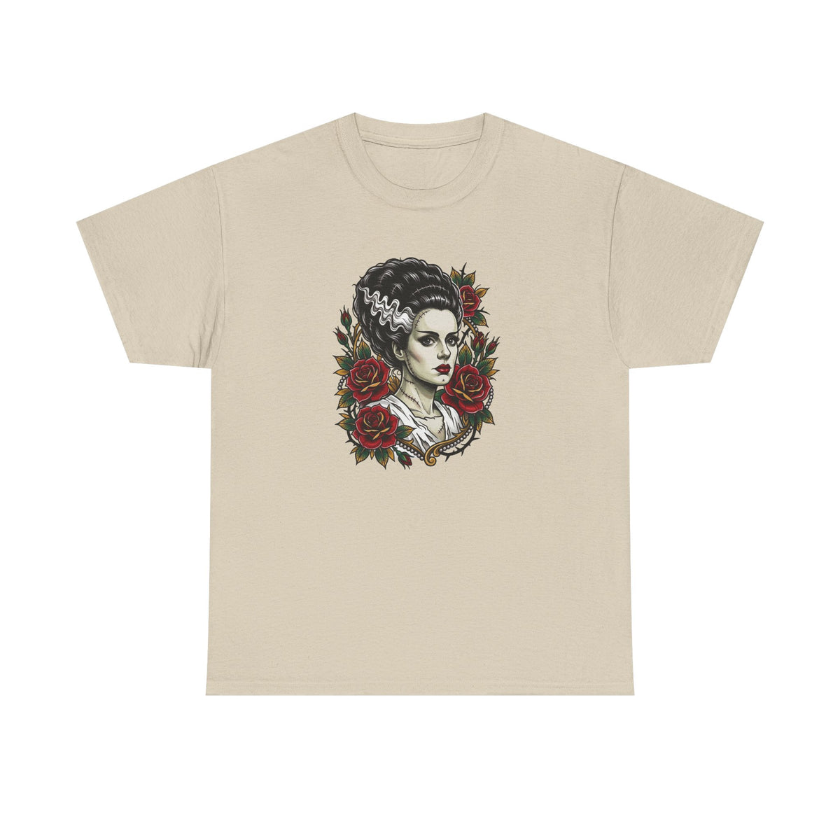 Bride of Frankenstein Tee — Gothic Portrait with Red Roses