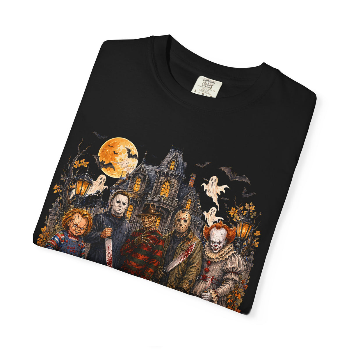 Horror Icons Halloween T-Shirt — Scary Movie Characters Haunted House Design