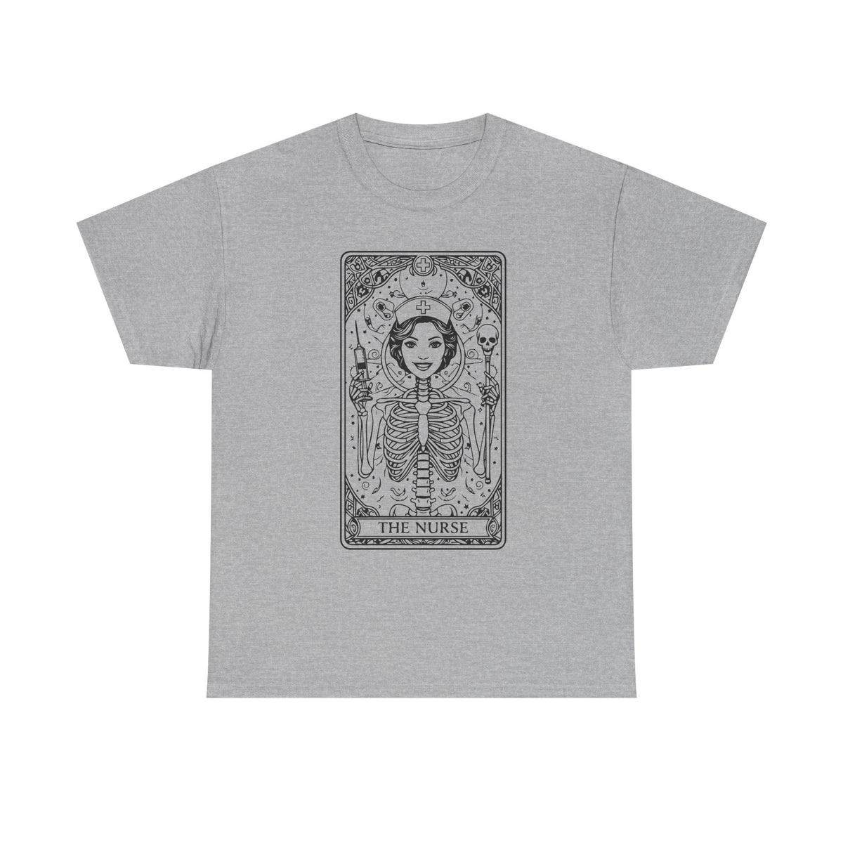 Tarot Nurse Graphic Tee — 'The Nurse' Skeleton Card T-Shirt