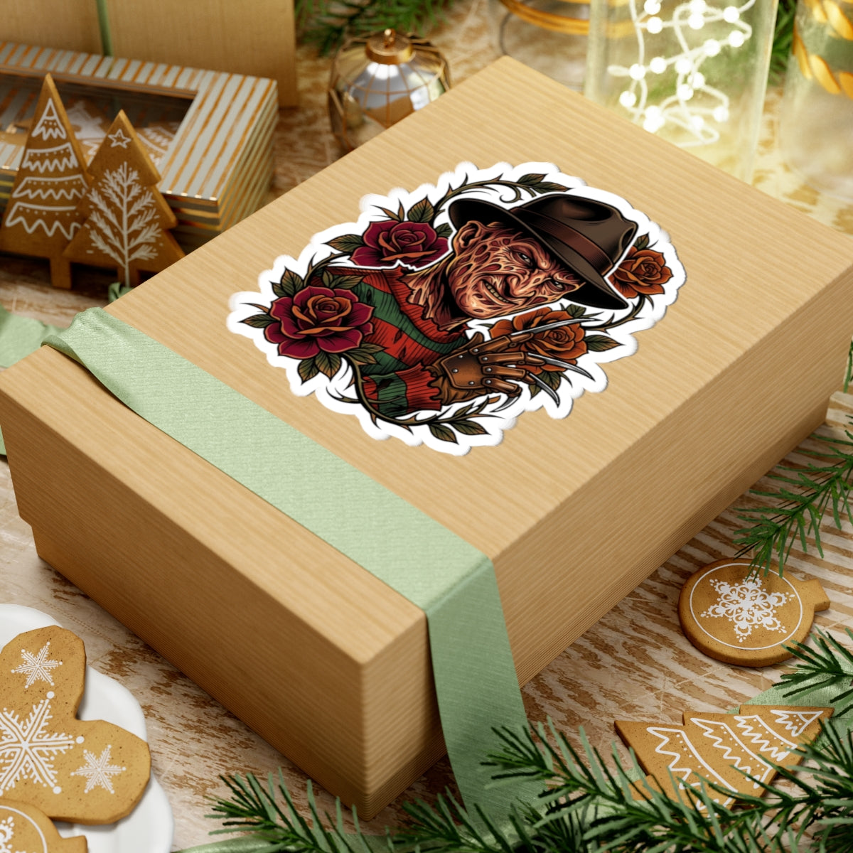 Horror Icon Kiss-Cut Sticker — Freddy Krueger-Inspired Design with Roses