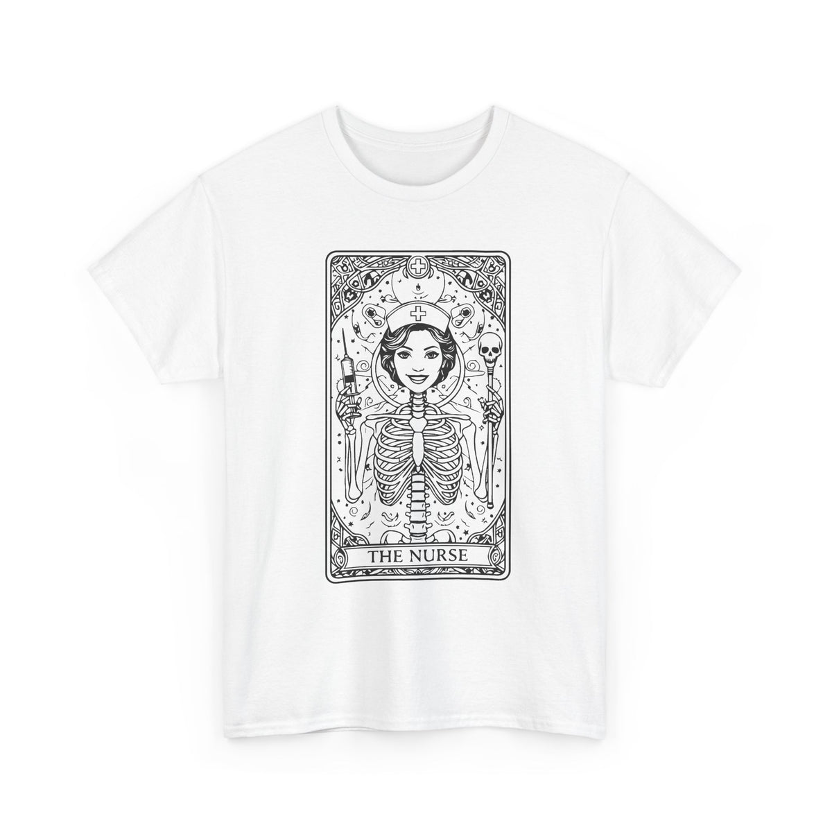 Tarot Nurse Graphic Tee — 'The Nurse' Skeleton Card T-Shirt