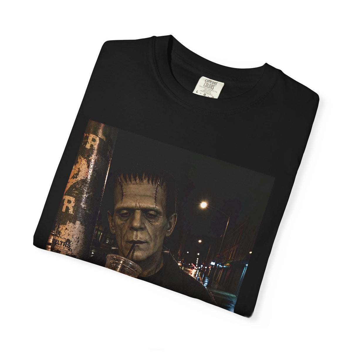 Frankenstein Nightlife Graphic T‑Shirt — Vintage Monster Drinking Photo Tee