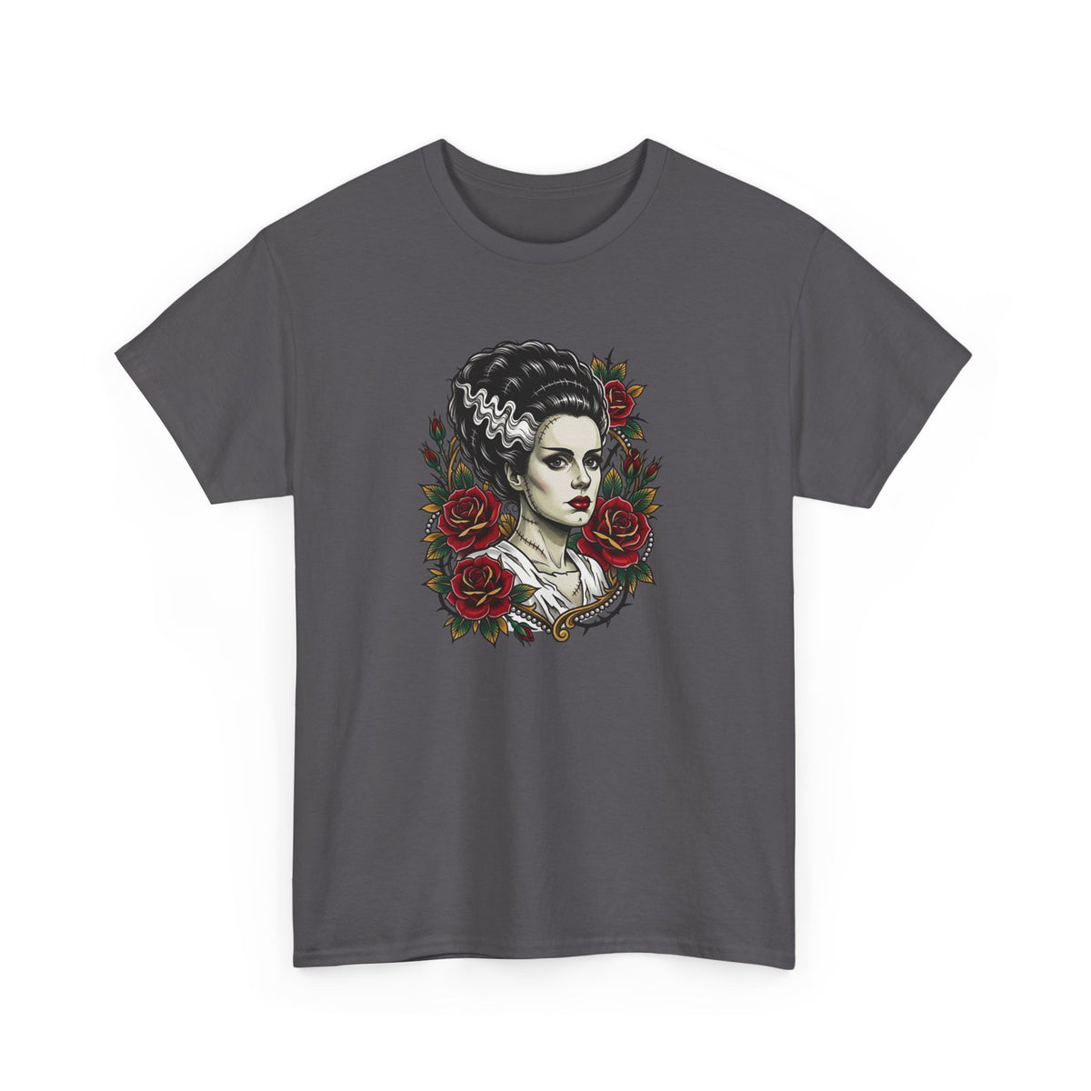 Bride of Frankenstein Tee — Gothic Portrait with Red Roses