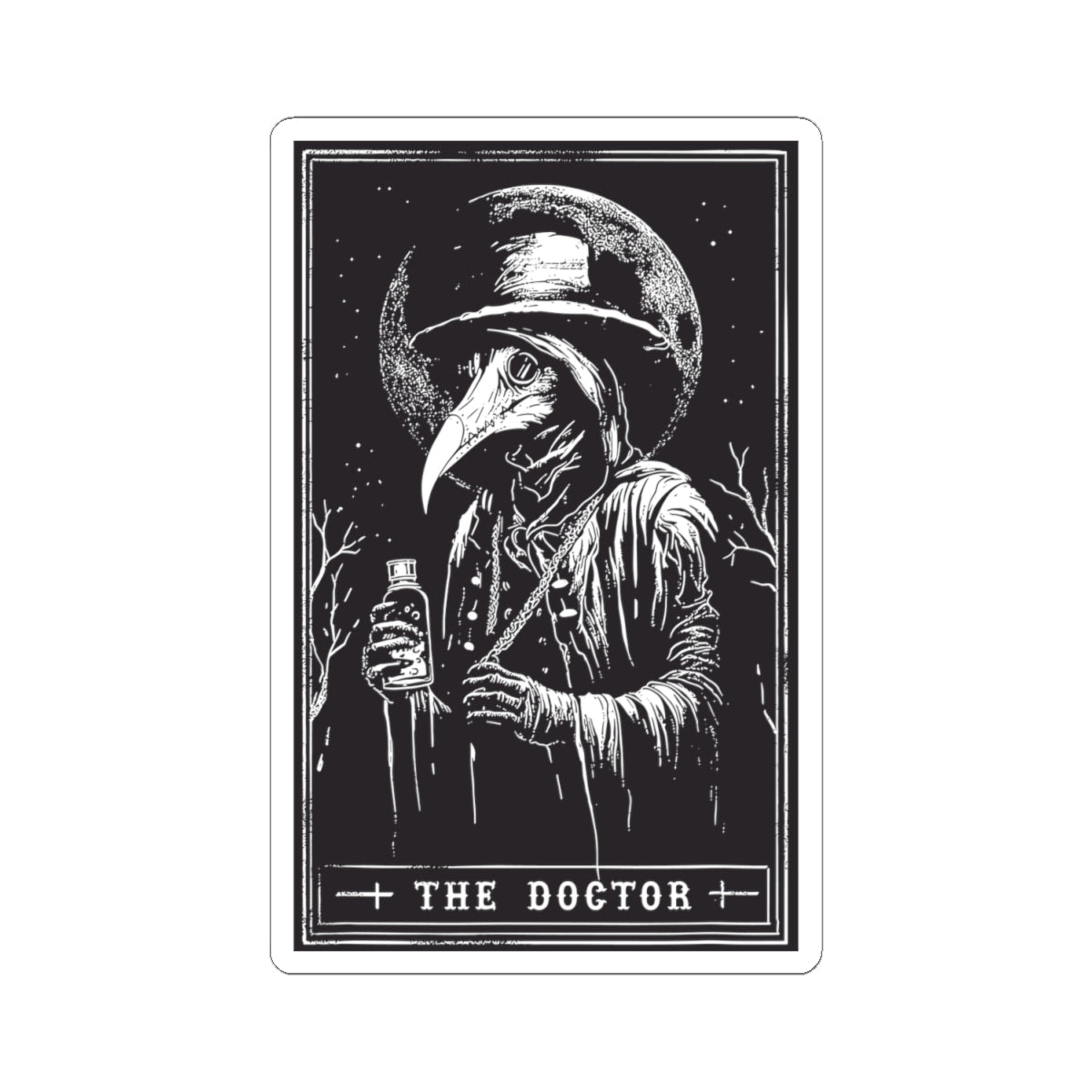 Plague Doctor Tarot-Style Kiss-Cut Sticker — Gothic Vintage Illustration