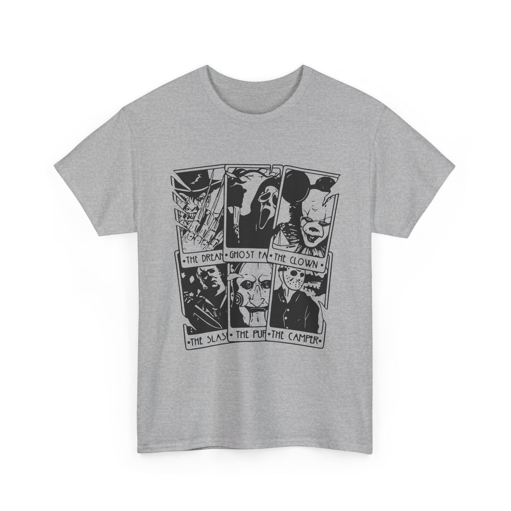 Horror Comic Panel T-Shirt — Ghost, Clown & Skull Graphic Tee