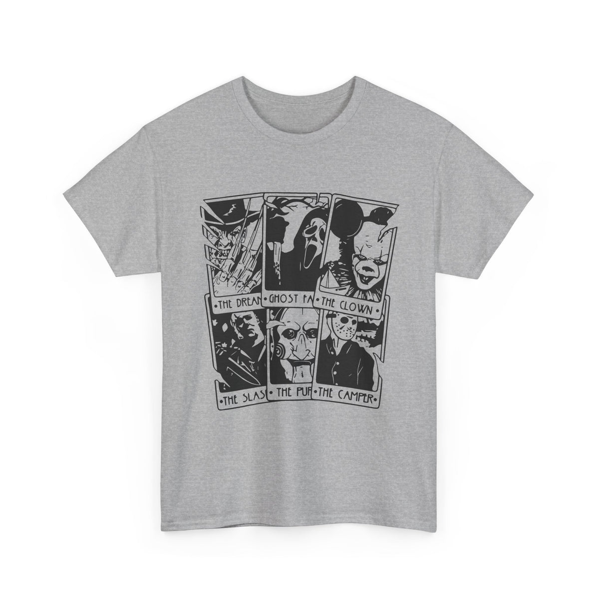 Horror Comic Panel T-Shirt — Ghost, Clown & Skull Graphic Tee
