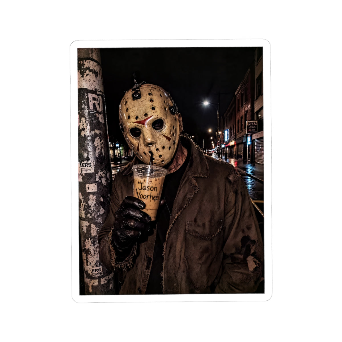 Horror Jason Mask Sticker — Retro Night Street Jason Voorhees Art Kiss-Cut Sticker