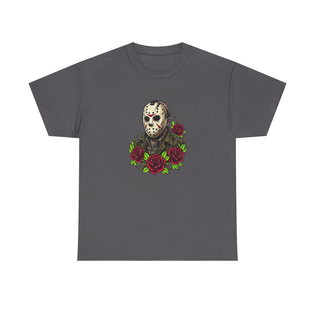 Horror Mask & Roses Tee — Jason-Inspired Skull Mask Graphic T-Shirt for Horror Fans