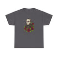 Horror Mask & Roses Tee — Jason-Inspired Skull Mask Graphic T-Shirt for Horror Fans