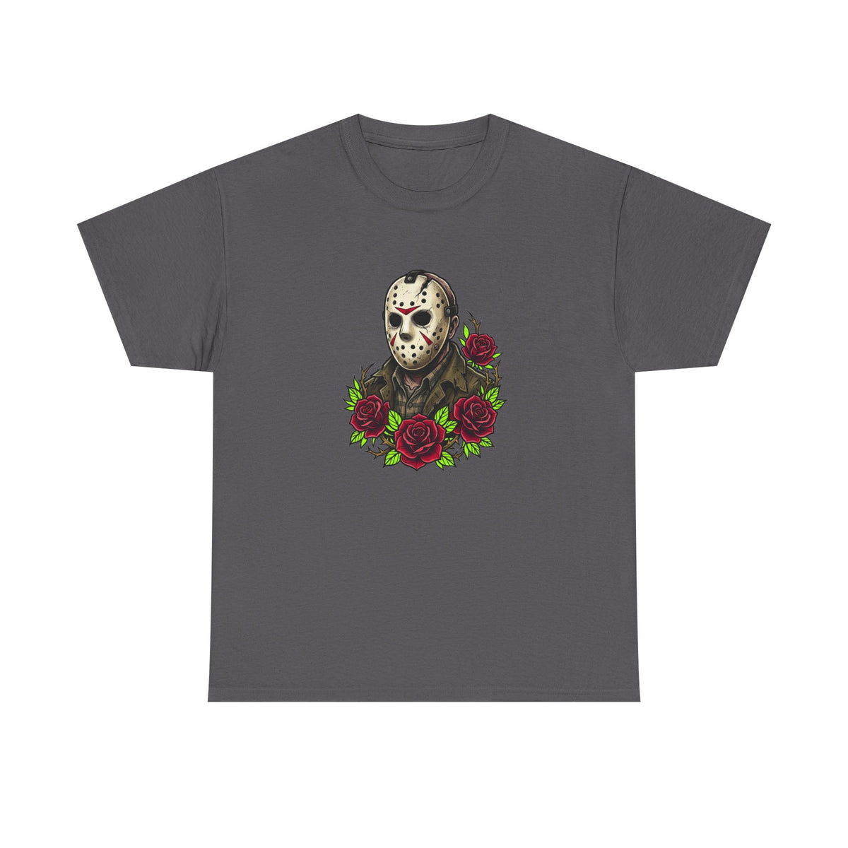 Horror Mask & Roses Tee — Jason-Inspired Skull Mask Graphic T-Shirt for Horror Fans