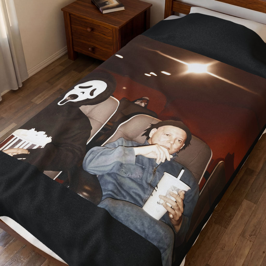 Horror Movie Night Velveteen Plush Blanket – Scream Mask Popcorn Design