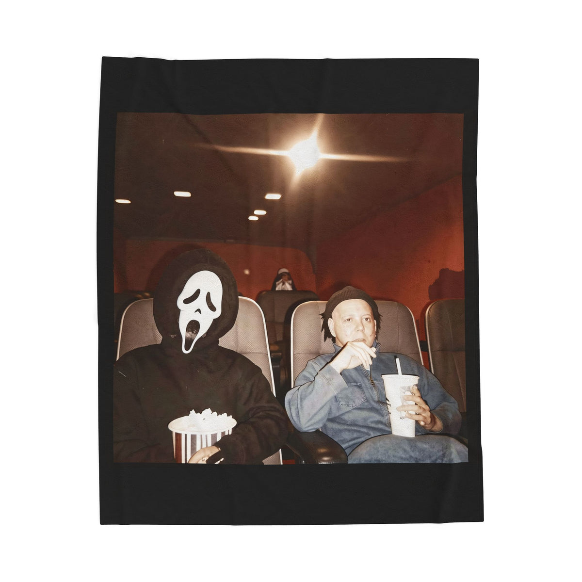 Horror Movie Night Velveteen Plush Blanket – Scream Mask Popcorn Design