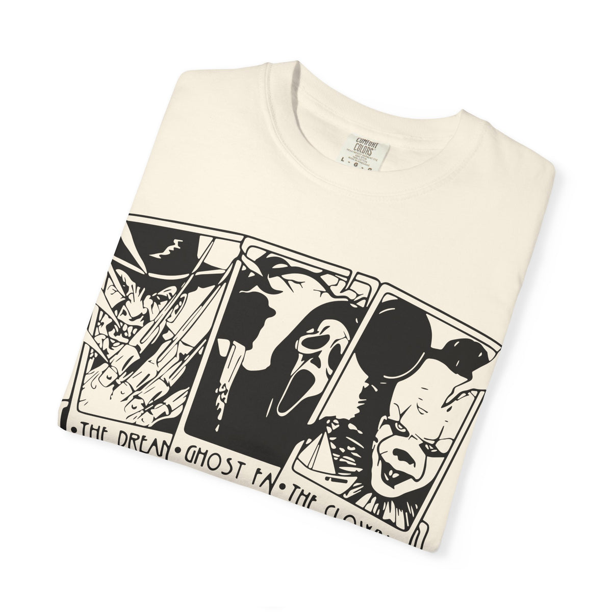 Horror Comic Panel T-Shirt — "The Dream, Ghost, Clown, Slasher, Puppet, Camper" Graphic Tee