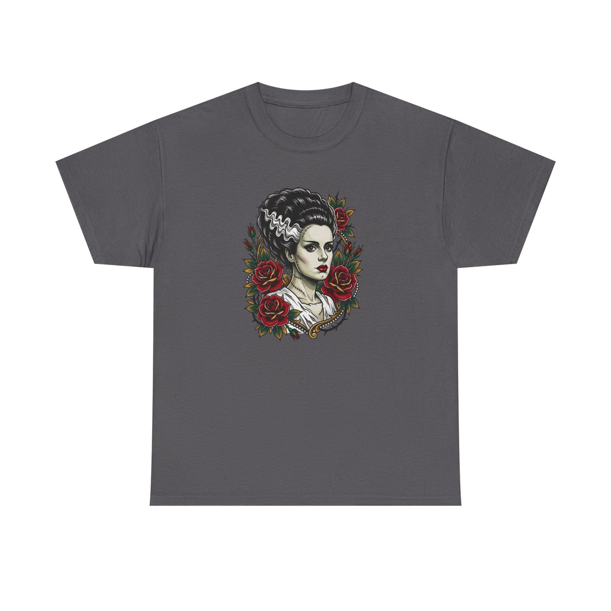 Bride of Frankenstein Tee — Gothic Portrait with Red Roses
