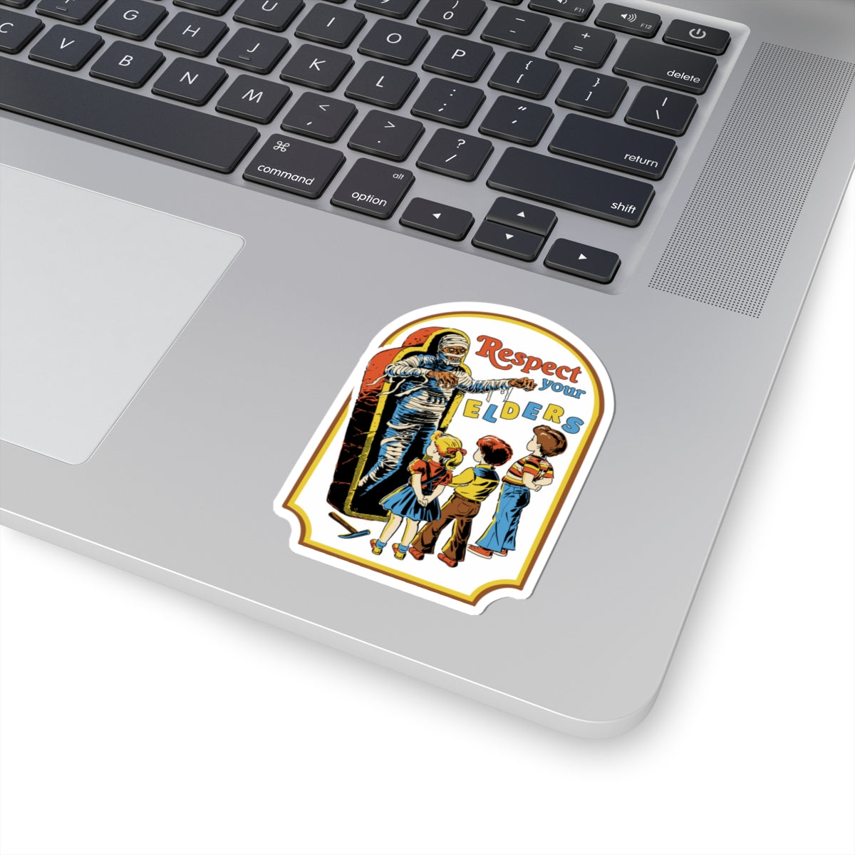 Respect Your Elders Sticker — Retro Halloween Mummy Kid Illustration (Kiss-Cut)