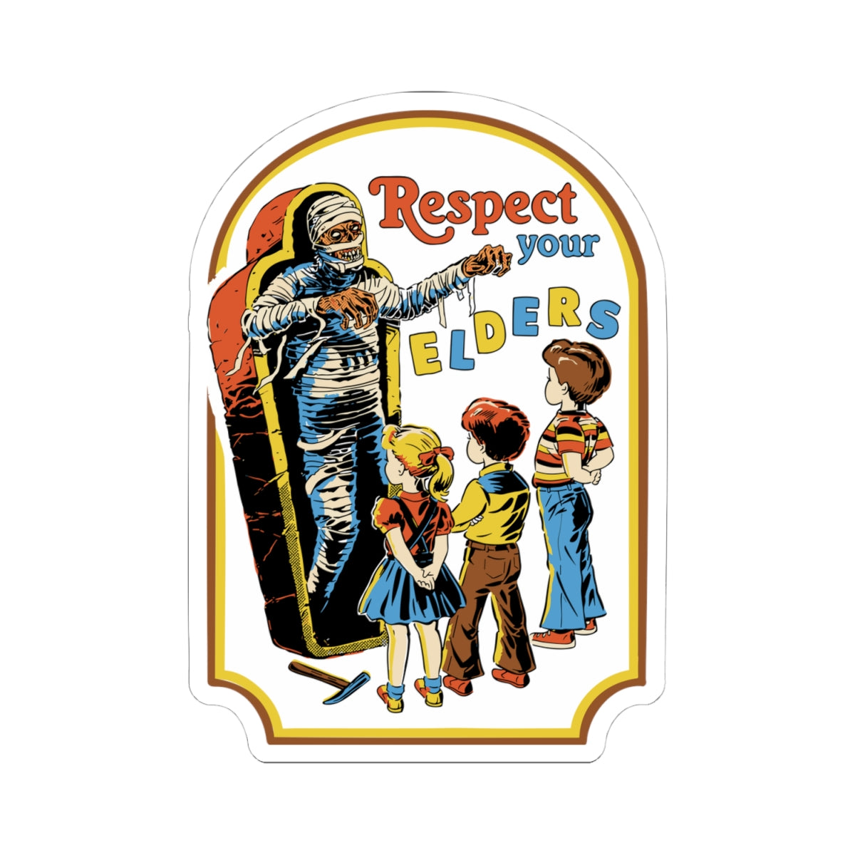Respect Your Elders Sticker — Retro Halloween Mummy Kid Illustration (Kiss-Cut)