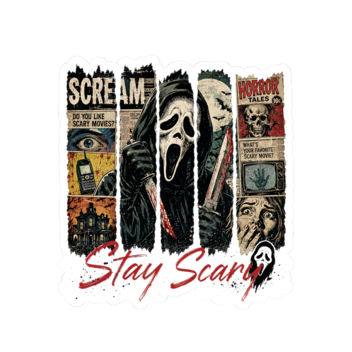 Stay Scary Horror Sticker — Scream Mask Kiss-Cut Decal