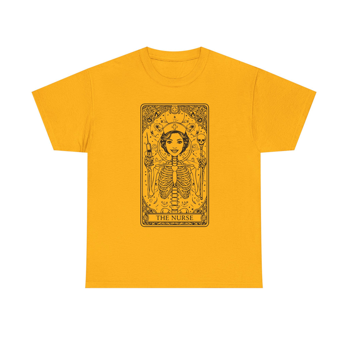 Tarot Nurse Graphic Tee — 'The Nurse' Skeleton Card T-Shirt