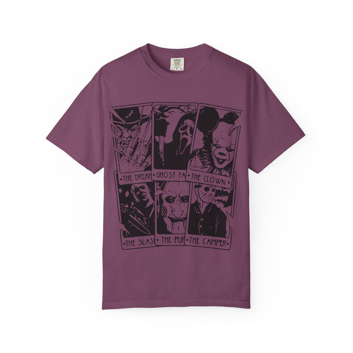 Horror Comic Panel T-Shirt — "The Dream, Ghost, Clown, Slasher, Puppet, Camper" Graphic Tee