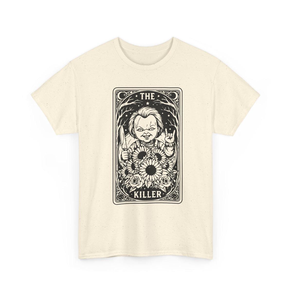 Killer Tarot Tee — Black & White Occult Sunflower Graphic T-Shirt
