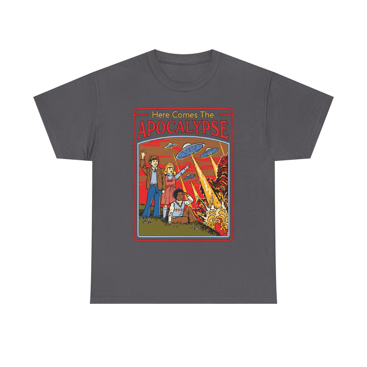 Apocalypse Comic Tee — "Here Comes The Apocalypse" Retro UFO Graphic Shirt