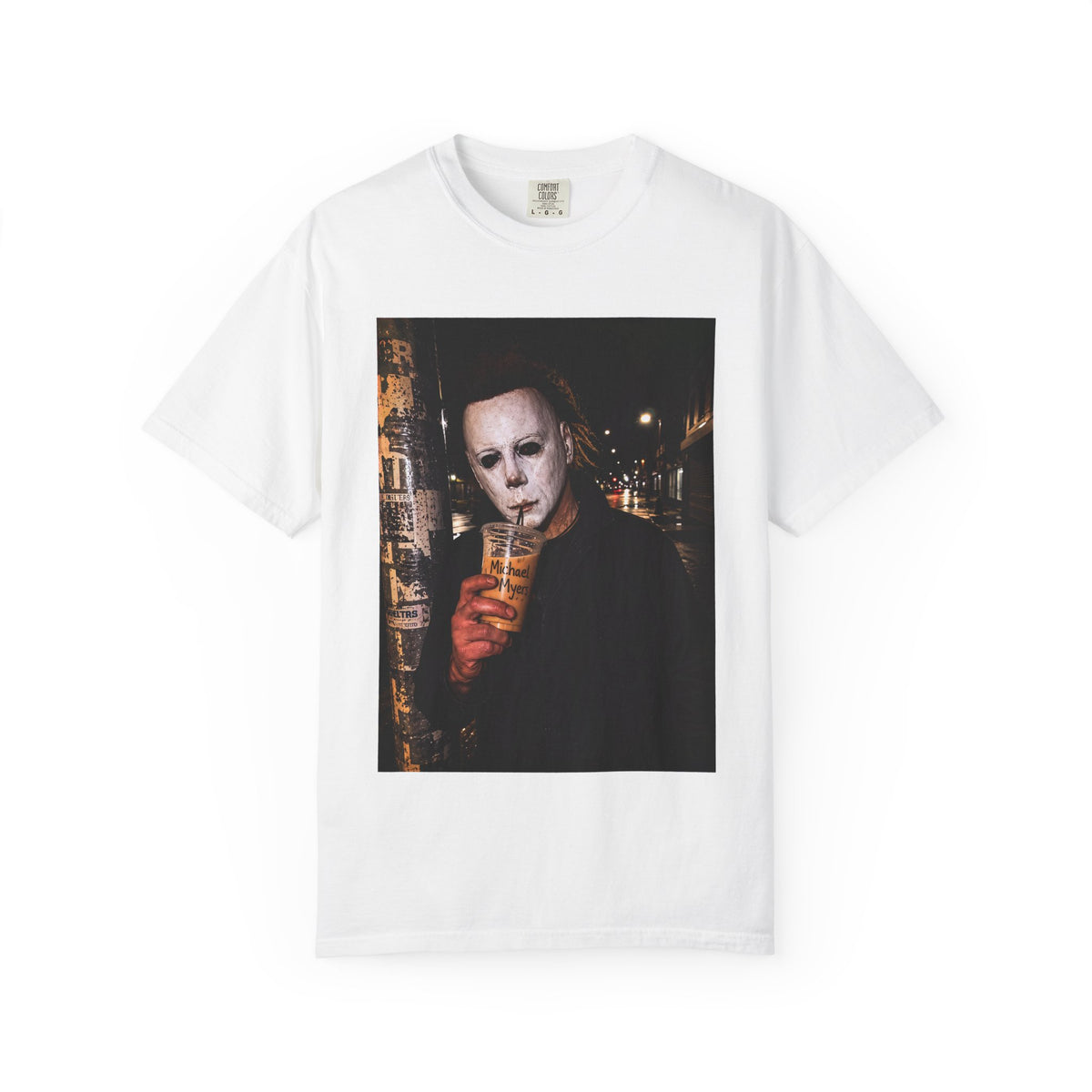 Horror Mask Photo T-Shirt — Michael-Style Mask Drinking Design