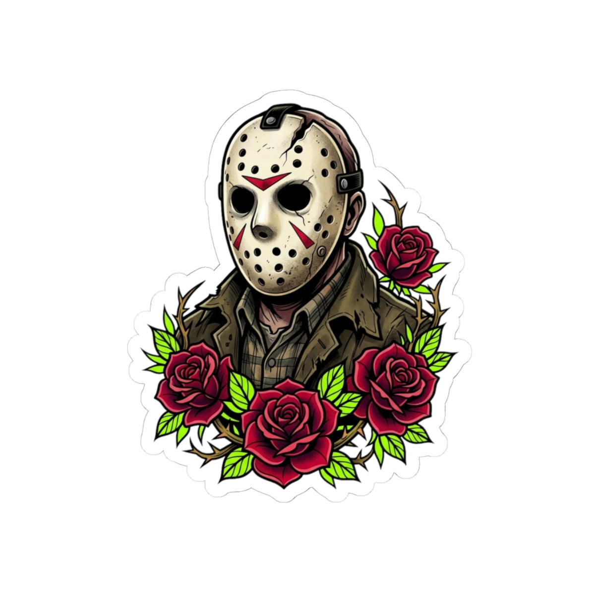 Horror Mask Sticker — Jason Mask with Red Roses Kiss-Cut Sticker