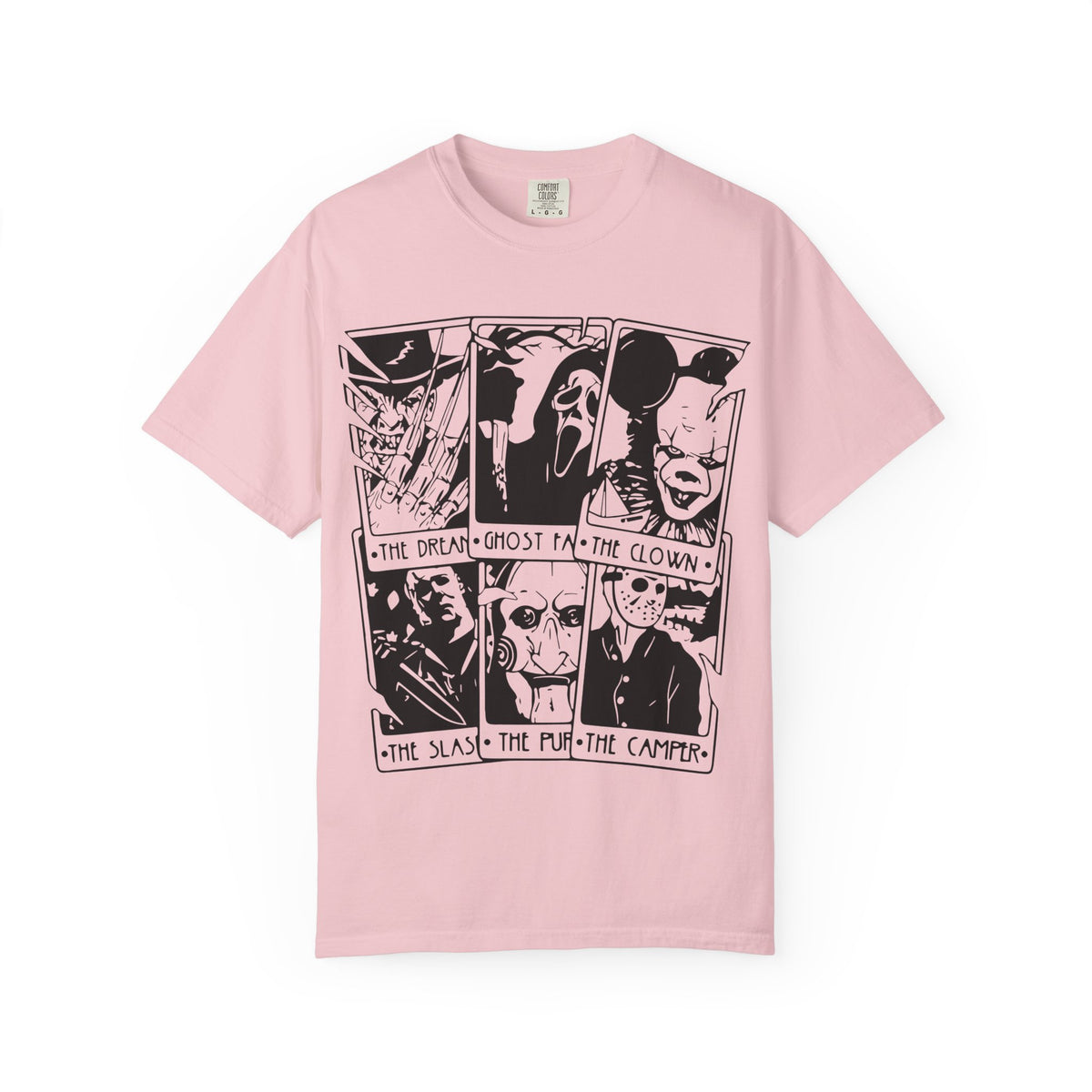 Horror Comic Panel T-Shirt — "The Dream, Ghost, Clown, Slasher, Puppet, Camper" Graphic Tee