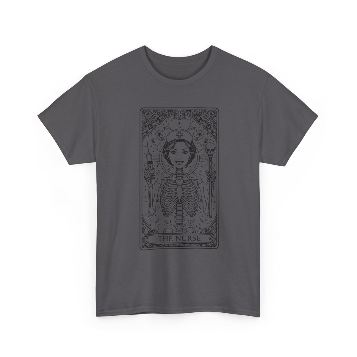 Tarot Nurse Graphic Tee — 'The Nurse' Skeleton Card T-Shirt
