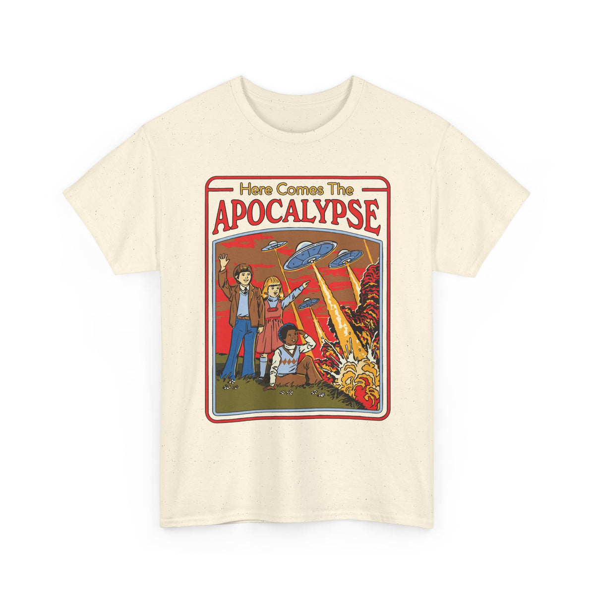 Apocalypse Comic Tee — "Here Comes The Apocalypse" Retro UFO Graphic Shirt