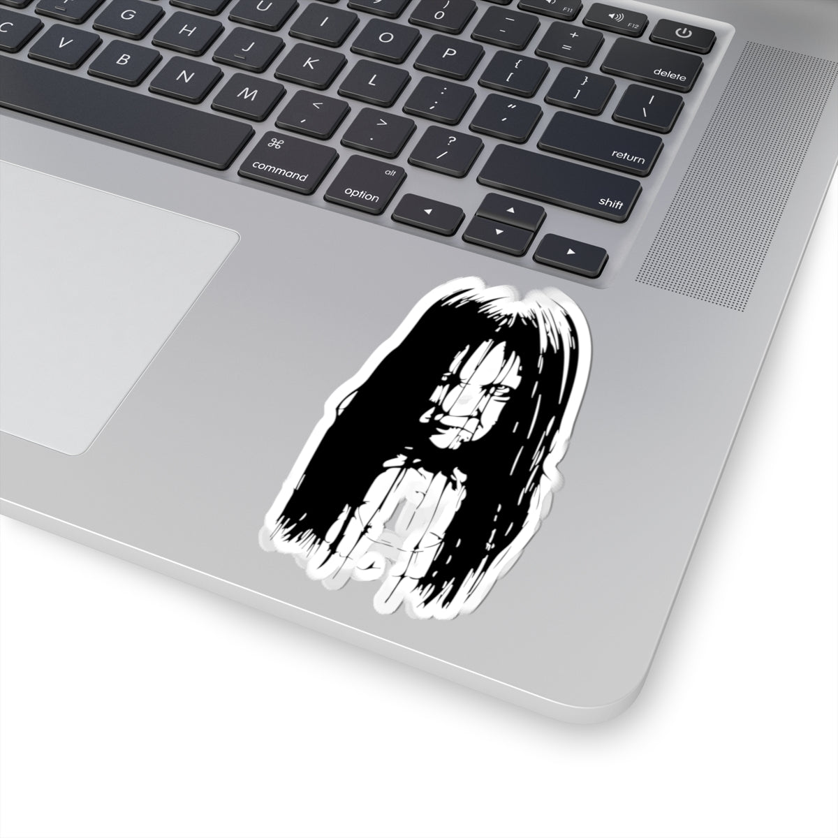Creepy Girl Horror Sticker — Scary Black & White Kiss-Cut Decal for Laptops, Skateboards & Halloween