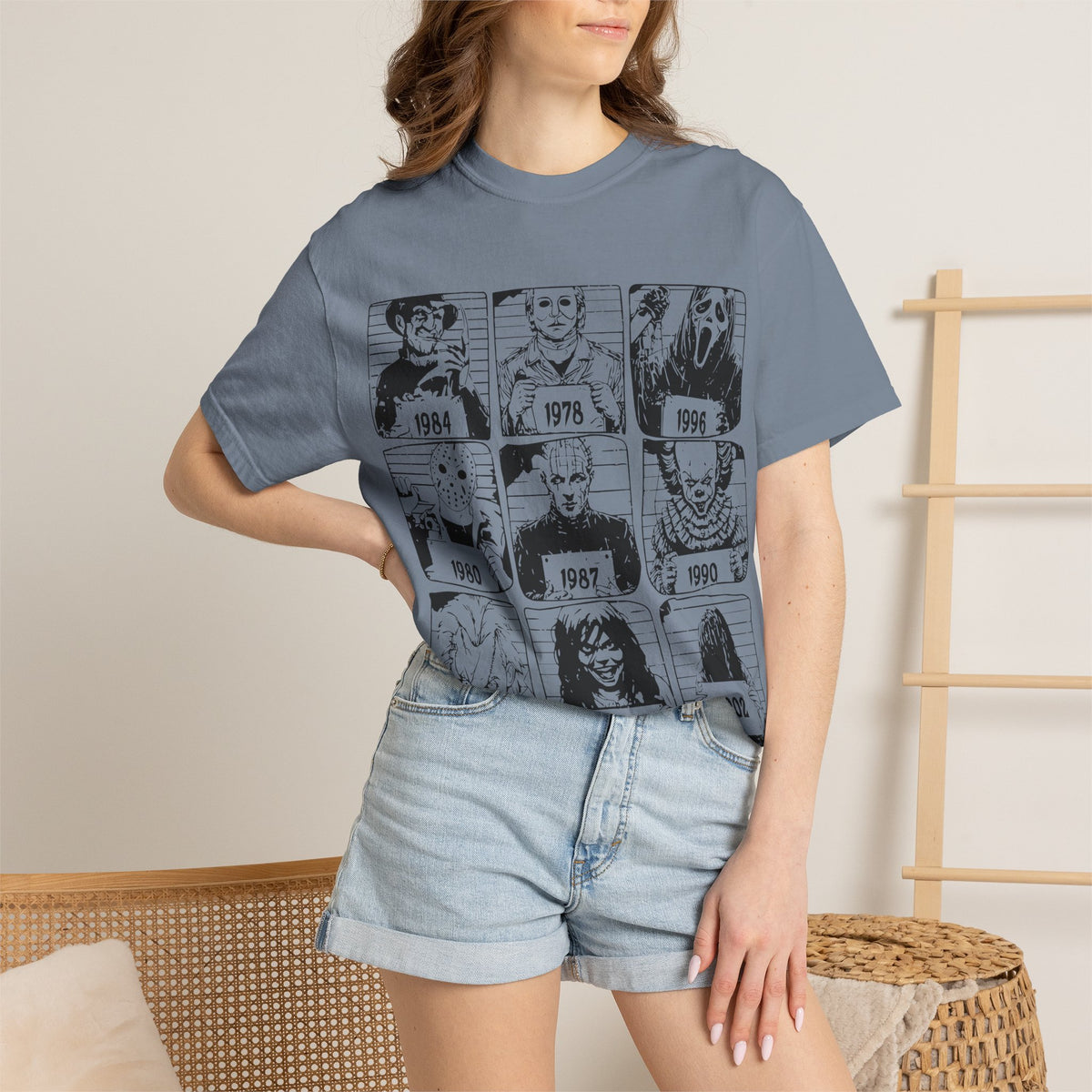Horror Manga Years Grid T-Shirt — Vintage Anime Faces 1973–2002