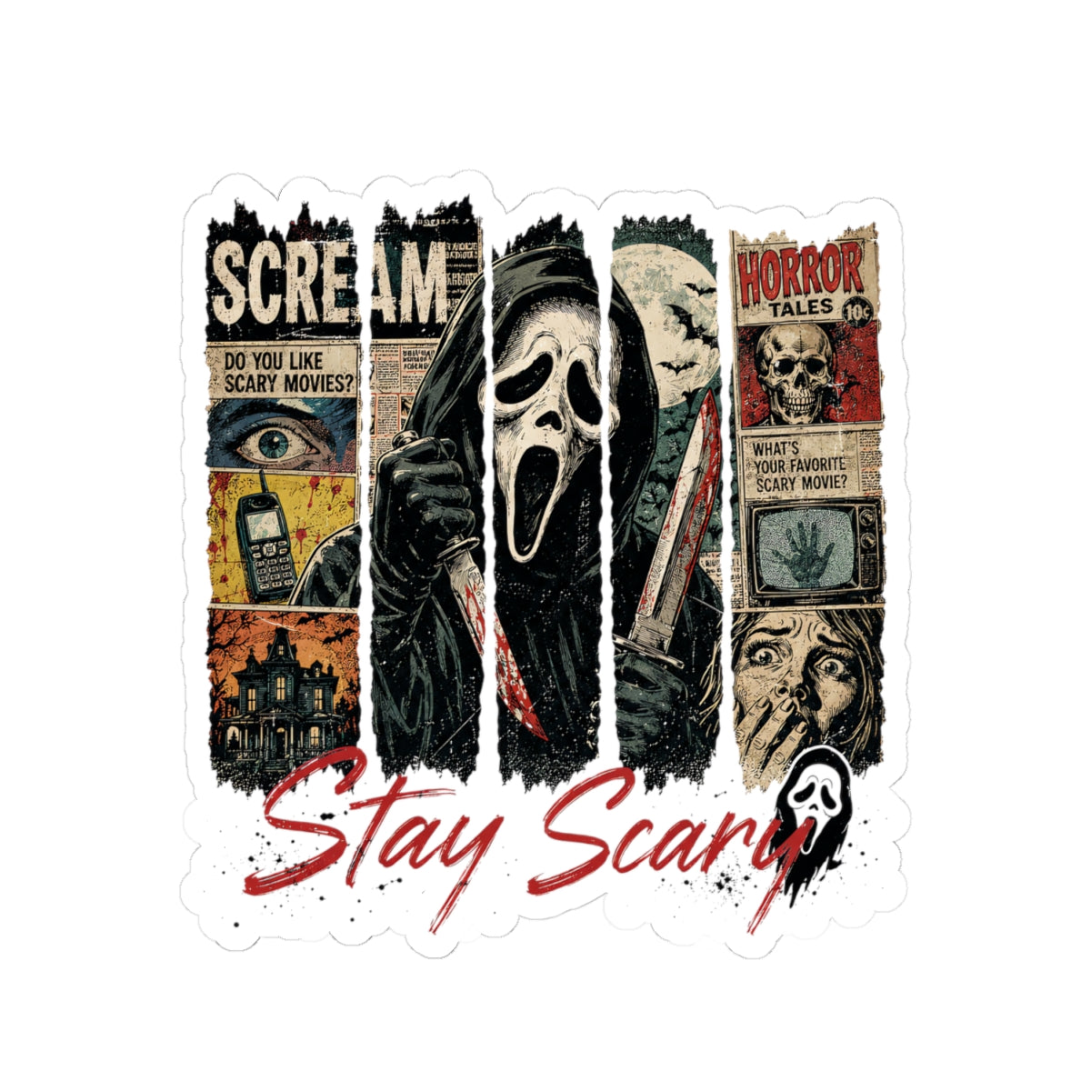 Stay Scary Horror Sticker — Scream Mask Kiss-Cut Decal