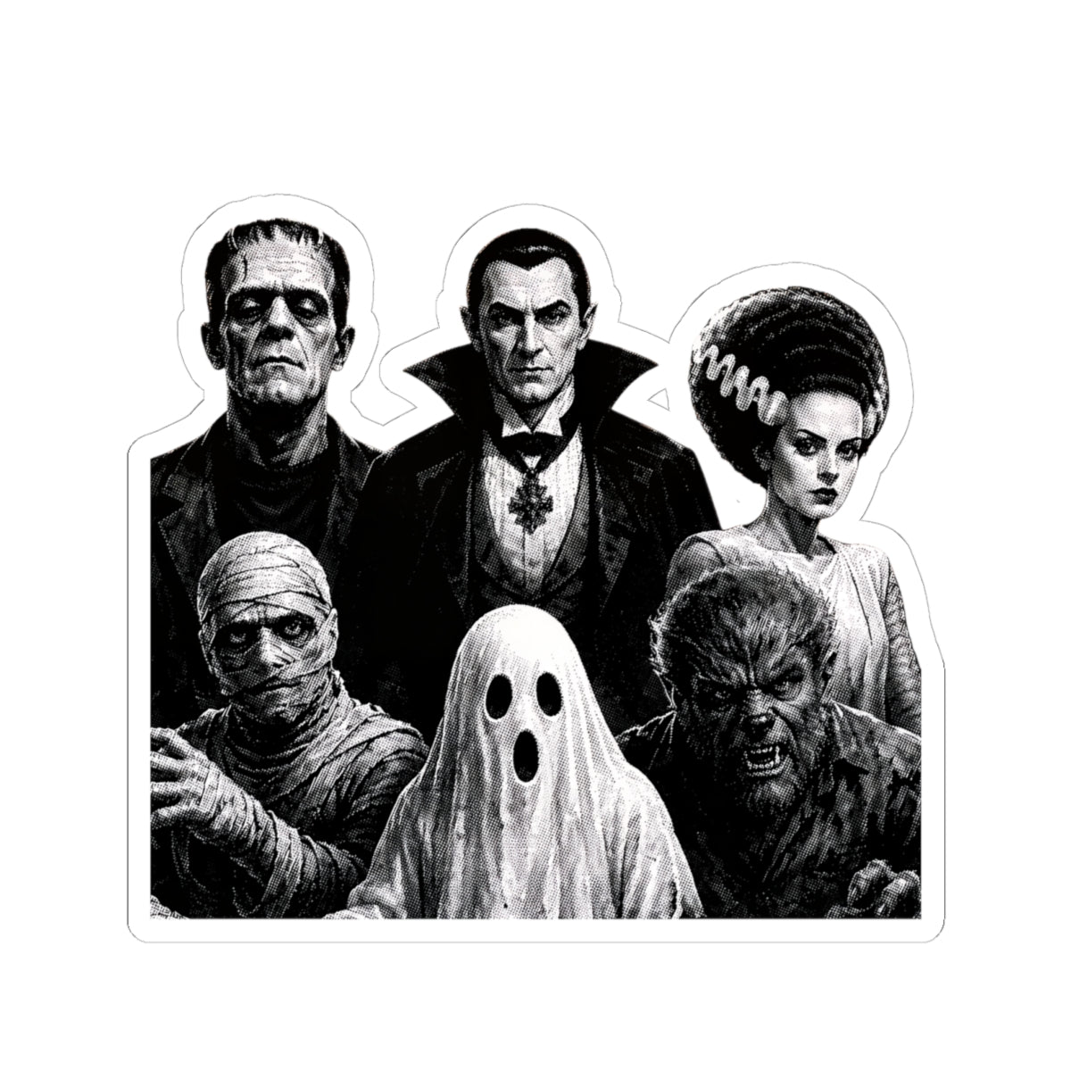 Classic Horror Monsters Kiss-Cut Sticker — Vintage Dracula, Frankenstein, Bride, Mummy & Wolfman Decal