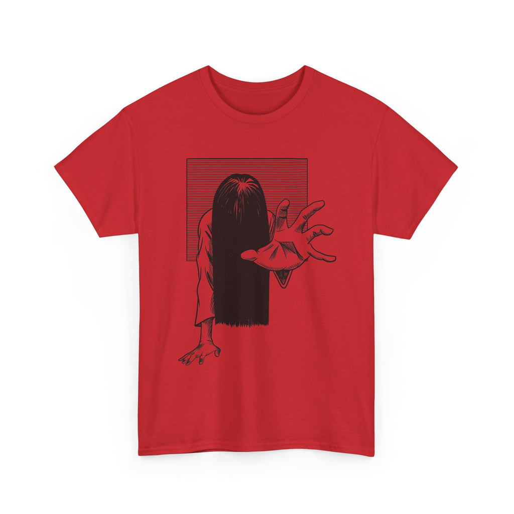 Horror Ring Girl Graphic Tee — Creepy Vintage Ghost T-Shirt