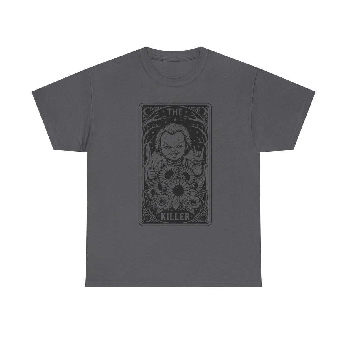 Killer Tarot Tee — Black & White Occult Sunflower Graphic T-Shirt