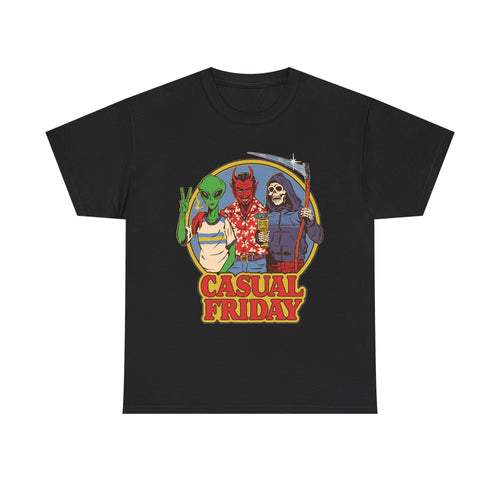 Casual Friday Tee — Alien, Devil & Grim Reaper Retro Graphic Shirt