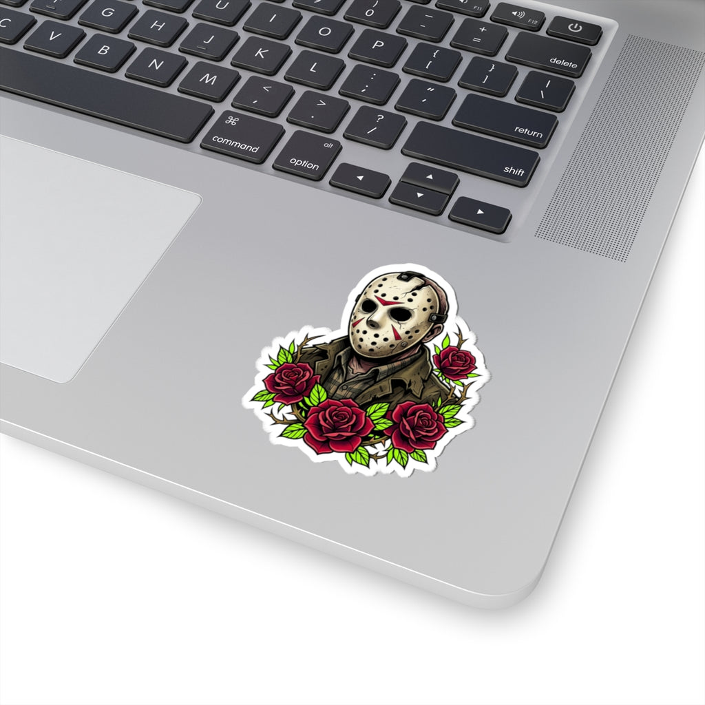 Horror Mask Sticker — Jason Mask with Red Roses Kiss-Cut Sticker