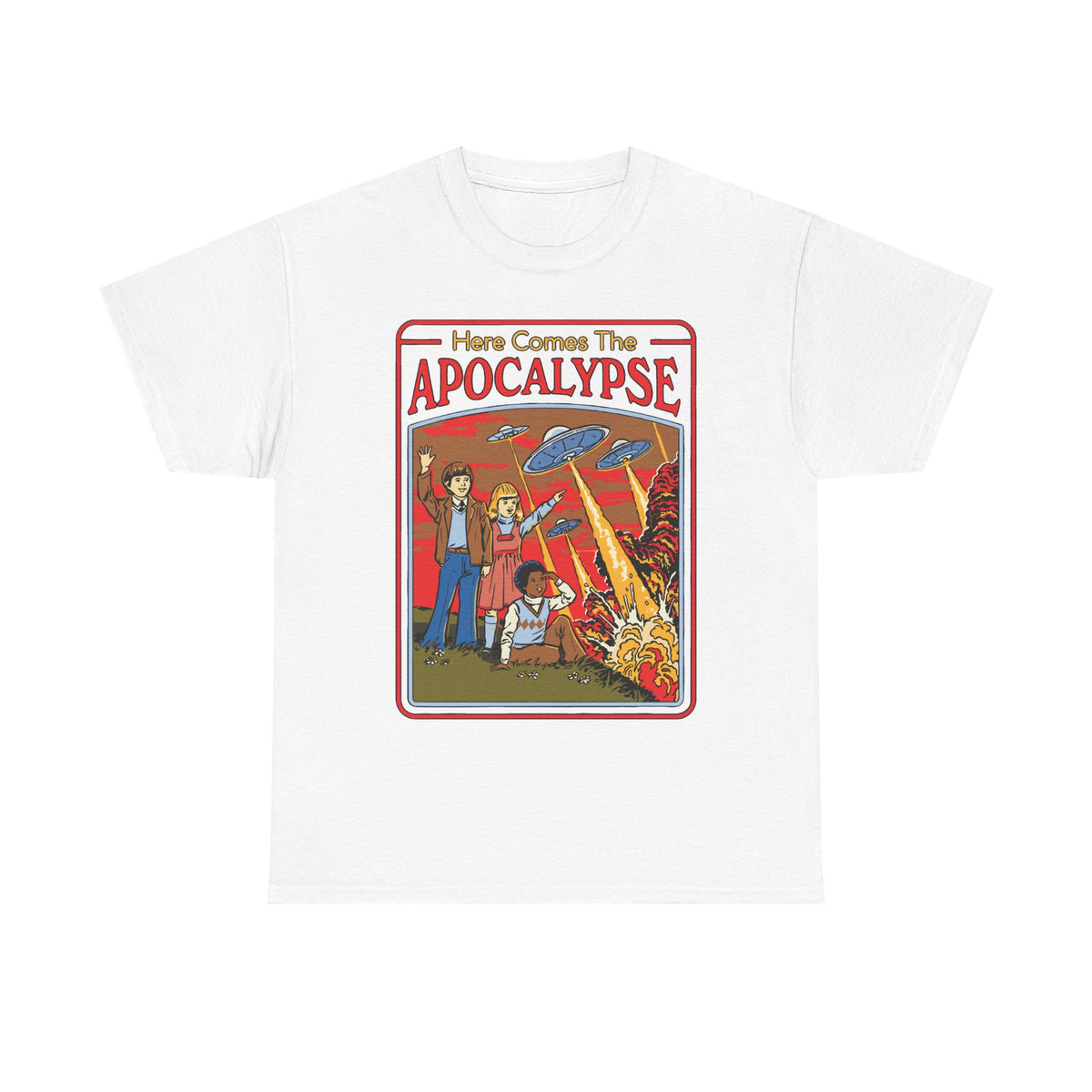 Apocalypse Comic Tee — "Here Comes The Apocalypse" Retro UFO Graphic Shirt