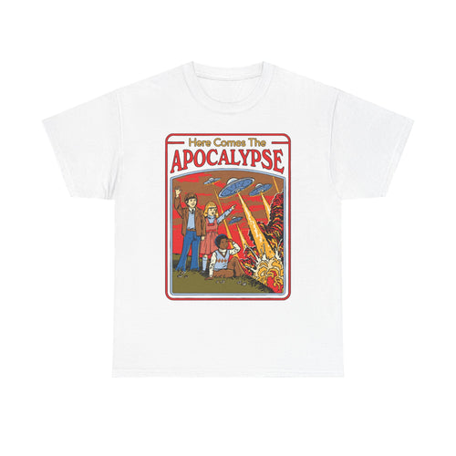 Apocalypse Comic Tee — "Here Comes The Apocalypse" Retro UFO Graphic Shirt