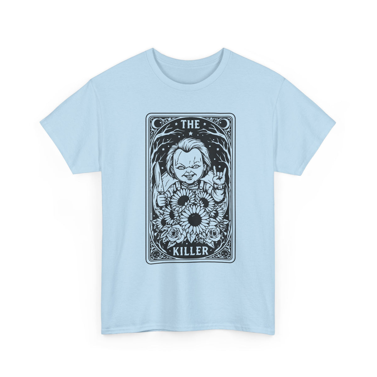 Killer Tarot Tee — Black & White Occult Sunflower Graphic T-Shirt