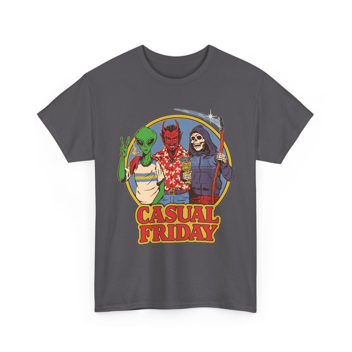 Casual Friday Tee — Alien, Devil & Grim Reaper Retro Graphic Shirt