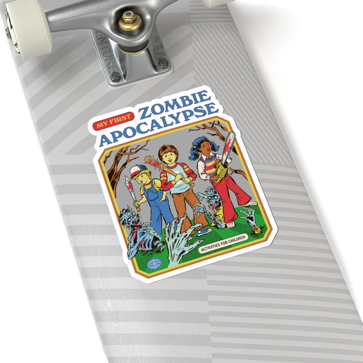 Kiss-Cut StickersProduct Type: StickerTitle: “My First Zombie Apocalypse” Kiss-Cut Sticker — Retro Kids’ Horror Book Cover Design